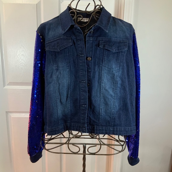 Touch Me Blue Sequin Denim Glitter Sleeve Jacket Plus Size 1X - Picture 1 of 8